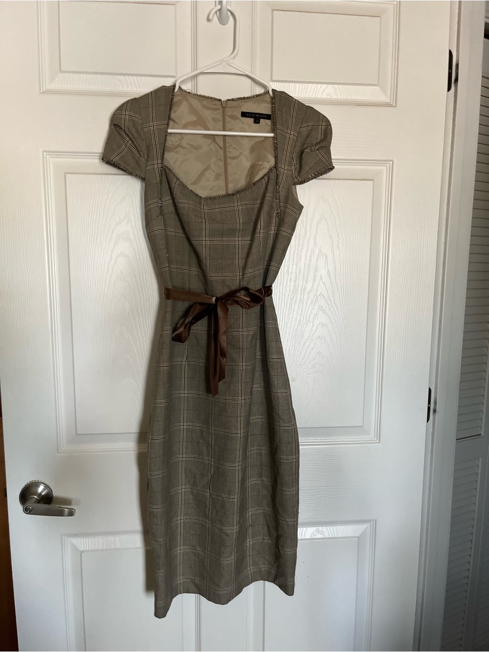 David Meister Taupe Plaid Midi Dress with Brown Waist Sash
